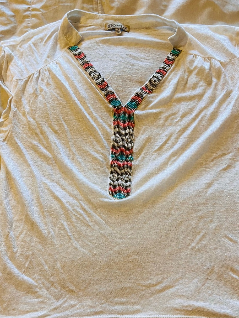 Democracy Cream Short-Sleeve All Linen Tee with Multicolor Beaded V-Placket